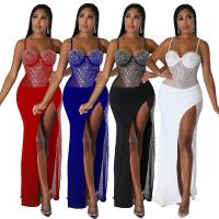 Polyester Long Evening Dress side slit & backless & with rhinestone PC