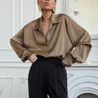 Polyester Women Long Sleeve Shirt & loose patchwork Solid khaki PC