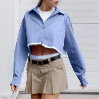 Polyester Women Long Sleeve Shirt & loose patchwork Solid blue PC