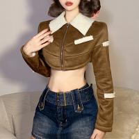 Polyester Crop Top Women Jacket patchwork brown PC