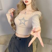 Coton T-shirt femme à manches longues Brodé modèle d’étoile Abricot pièce