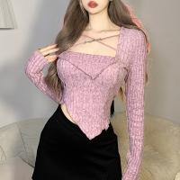 Polyester Slim Women Long Sleeve Blouses knitted Solid pink PC