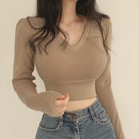 Cotton Slim Women Long Sleeve T-shirt knitted Solid khaki PC