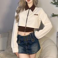 Polyester Crop Top Women Long Sleeve T-shirt patchwork Apricot PC