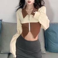 Polyester Slim Women Long Sleeve T-shirt patchwork Apricot PC