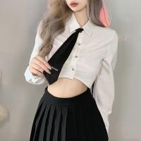 Polyester Women Long Sleeve Shirt with tie patchwork Solid white PC