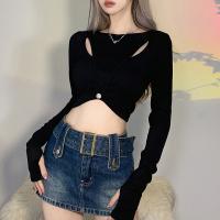 Polyester Slim Women Long Sleeve T-shirt patchwork Solid black PC