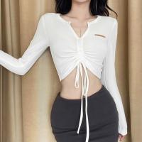 Polyester Drawstring Design Women Long Sleeve T-shirt patchwork Solid PC