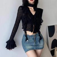Polyester stringy selvedge Women Long Sleeve Blouses patchwork Solid black PC