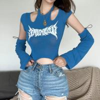 Polyester Women Long Sleeve T-shirt with oversleeve & hollow printed letter blue PC