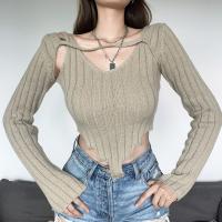 Polyester Crop Top Women Long Sleeve T-shirt knitted Solid khaki PC