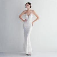Sequin & Polyester Slim Long Evening Dress deep V & backless silver pressed Solid PC