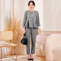 Polyester scallop Women Casual Set & two piece Long Trousers & top Solid Set