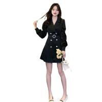 Polyester Slim & High Waist One-piece Dress patchwork black PC