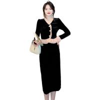 Polyester Slim One-piece Dress patchwork Solid black PC