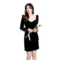 Cotton Waist-controlled & Slim One-piece Dress patchwork Solid black PC
