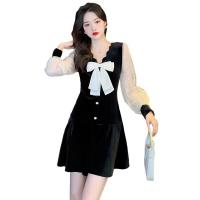 Polyester Waist-controlled & Slim & High Waist One-piece Dress patchwork Solid white and black PC