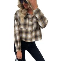 Polyester Women Coat & loose & with pocket sanding plaid khaki PC