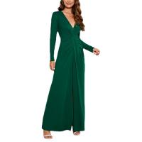 Polyester long style & front slit & High Waist One-piece Dress deep V patchwork Solid green PC