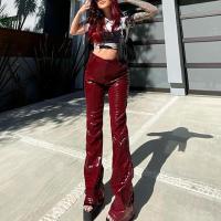 PU Leather bell-bottom Women Long Trousers patchwork wine red PC