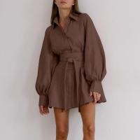 Cotton Shirt Dress & loose patchwork Solid brown PC