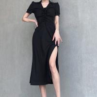 Cotton Slim One-piece Dress side slit patchwork Solid black PC