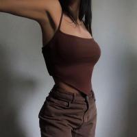 Polyester Lace Up Tank Top patchwork Solid brown PC