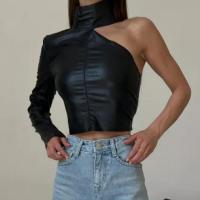 PU Leather Women Long Sleeve Blouses & One Shoulder patchwork Solid black PC