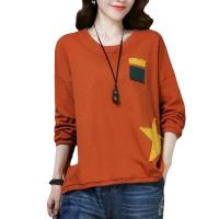 Cotton Women Long Sleeve T-shirt & loose patchwork Solid PC