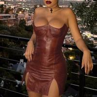 PU Leather Sexy Package Hip Dresses side slit & backless & tube & skinny style Polyester patchwork Solid coffee PC
