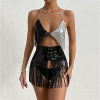Metal Tassels Two-Piece Dress Set backless & with rhinestone black : Set