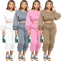 Polyester Women Casual Set fleece & two piece & loose Long Trousers & top Solid Set