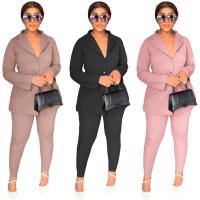 Polyester Women Casual Set & two piece & hollow Long Trousers & coat Solid Set