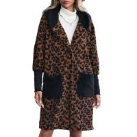 Polyester Women Coat mid-long style & loose & with pocket patchwork leopard brown PC