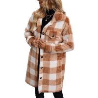 Polyester Women Coat mid-long style & loose & thermal & with pocket patchwork plaid khaki PC