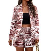 Polyester Women Casual Set & two piece & with pocket short & coat printed red Set