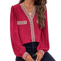 Polyester Women Long Sleeve Shirt & loose patchwork Solid red PC