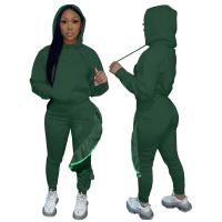 Polyester scallop & With Siamese Cap Women Casual Set & two piece Long Trousers & top plaid green Set