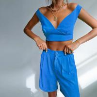 Polyester Women Casual Set & two piece short pants & tank top patchwork Solid blue Set