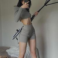 Polyester Women Casual Set & two piece short pants & long sleeve T-shirt patchwork Solid gray Set