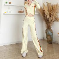 Polyester Women Casual Set & two piece Long Trousers & coat knitted Apricot Set
