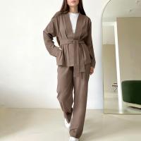 Polyester Women Casual Set & two piece Long Trousers & long sleeve blouses patchwork Solid brown Set