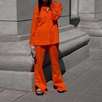 Polyester Women Casual Set & two piece Long Trousers & long sleeve shirt patchwork Solid orange Set