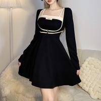 Polyester Slim Two-Piece Dress Set patchwork Solid black Set