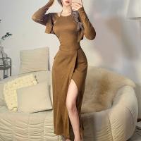 Polyester Slim Two-Piece Dress Set patchwork Solid brown Set