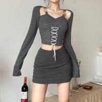 Polyester Slim Women Long Sleeve T-shirt patchwork Solid gray PC