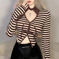 Polyester Slim Women Long Sleeve T-shirt knitted striped brown PC