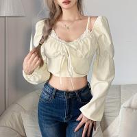 Polyester Slim Women Long Sleeve Blouses patchwork Solid Apricot PC