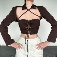 Polyester Women Long Sleeve Blouses & two piece patchwork Solid brown Set