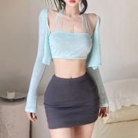 Polyester Crop Top Women Cardigan & two piece patchwork Solid Set